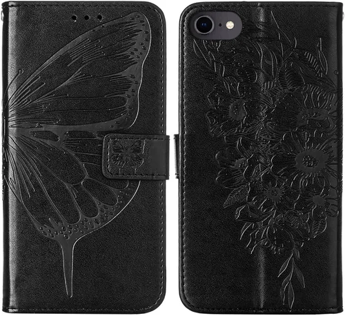Vista 5 de Funda tipo cartera para iPhone 6/6S/7/8/SE 2022/SE 2020 (negro) Butterfly Floral Embossed Pattern, Wrist Strap, PU Leather, Card Holder Slots