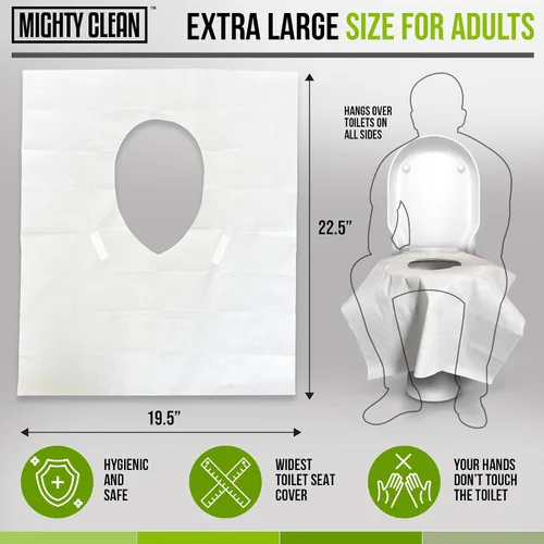 Vista 2 de Mighty Clean - Fundas desechables para asiento de inodoro XL, 100% impermeables, envueltas individualmente, fundas extra anchas para adultos