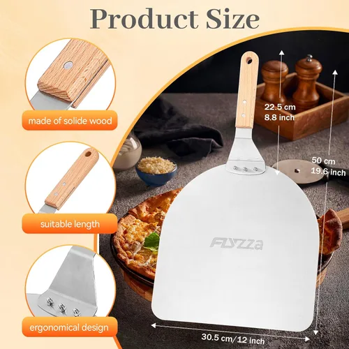 Vista 4 de Pala cuadrada de pizza de 12 pulgadas, espátula de pizza de acero inoxidable con mango largo ergonómico de madera para hornear al horno de pizza