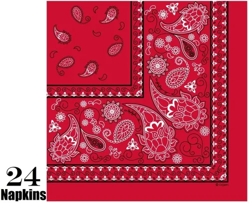 Vista 7 de Oojami Sirve 24 – Bandana roja suministros para fiesta occidental – Paquete completo de fiesta con platos llanos de 9 pulgadas, platos de postre