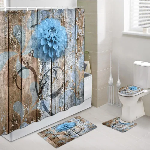 Vista 47 de JAWO Alfombra de baño con flores de granja, dalia en tablones de madera rústica, juego de tapetes de baño con flores azules, en forma de U