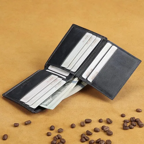 Vista 3 de MANBANG Billeteras para hombres RFID de cuero genuino delgado plegable cartera, gris, azul , Billetera plegable