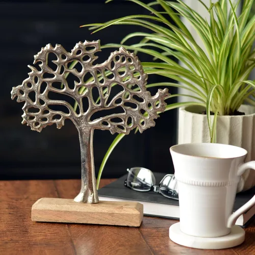 Vista 2 de WHW Whole House Worlds Figura icónica del árbol de la vida, hecha a mano, aluminio plateado, base de madera de mango, 9.75 pulgadas