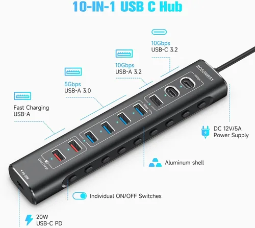 Vista 2 de Rosonway Hub USB 3.2/USB C alimentado de 10 puertos de 60 W con puertos USB-3.2 de 3 x 10 Gbps (2C + 1A), 4 puertos de datos USB 3.0, 1 USB-C PD y 2