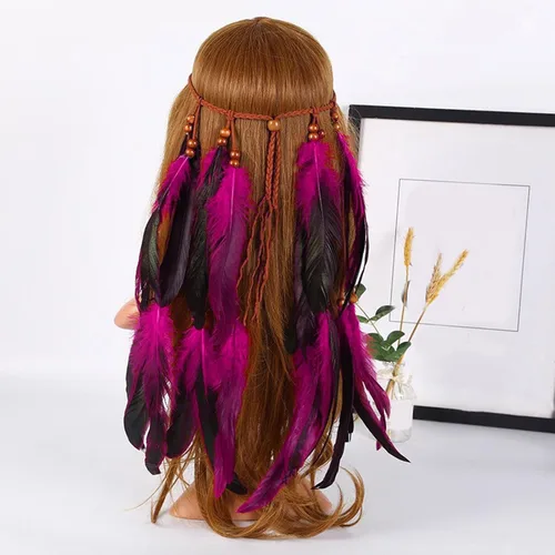 Vista 2 de Diadema de plumas bohemias, tocado gitano indio con borla de plumas largas, cuerda trenzada ajustable con cuentas