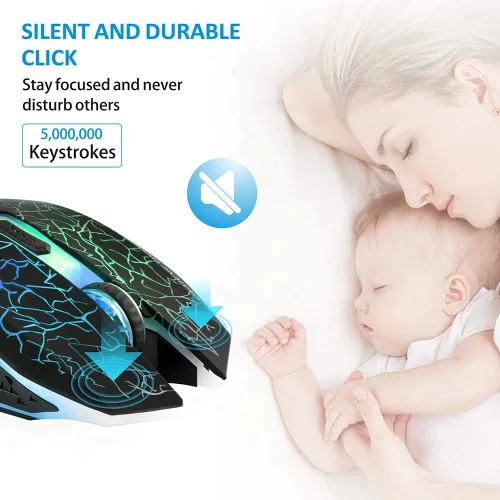 Vista 2 de TENMOS M2 - Mouse inalámbrico para juegos, mouse óptico USB silencioso recargable con luz LED de 7 colores, diseño ergonómico, 3 DPI ajustables