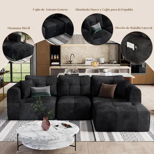 Vista 7 de Squireewo Sofá seccional modular de 110" con asiento profundo, sofá en forma de L sin costuras tapizado en forma de nube con otomano convertible