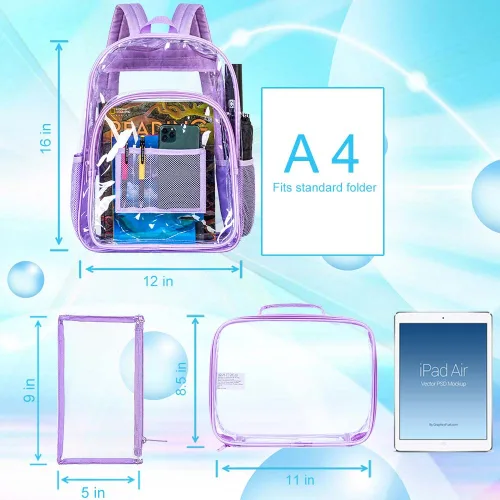 Vista 5 de Mochila transparente de 3 piezas, bolsa de libros transparente resistente, bolsa escolar de lentejuelas transparente, color morado