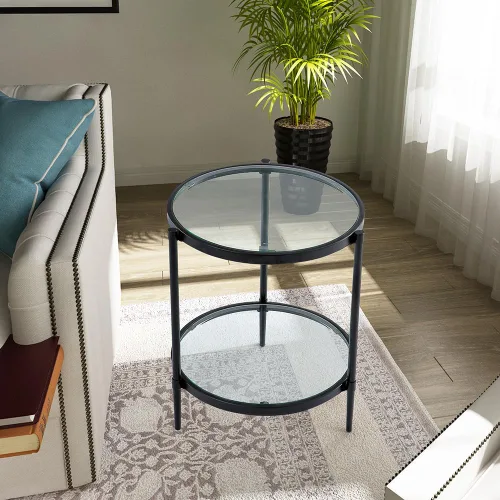 Vista 11 de Mesa de centro rectangular de cristal, mesa central de 2 niveles, mesa de café moderna para sala de estar, 43.3 x 23.62 pulgadas, color negro