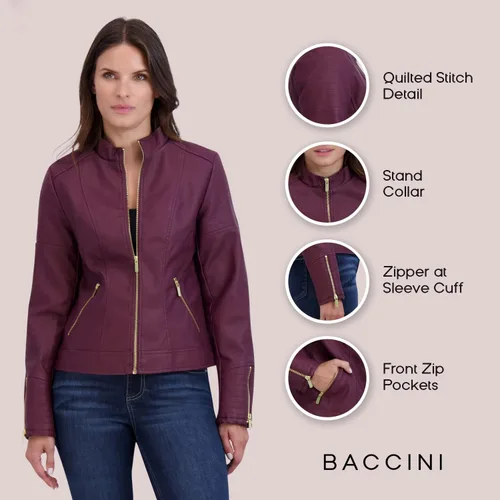 Vista 6 de Baccini Chaqueta de piel sintética para mujer, chaqueta de motocicleta con cremallera para mujer
