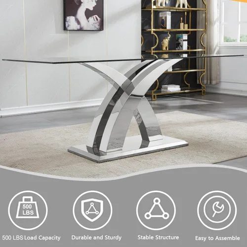 Vista 6 de Juego de mesa de comedor de cristal plateado moderno de 70 pulgadas para 4, juego de mesa de comedor rectangular de 5 piezas con patas de acero