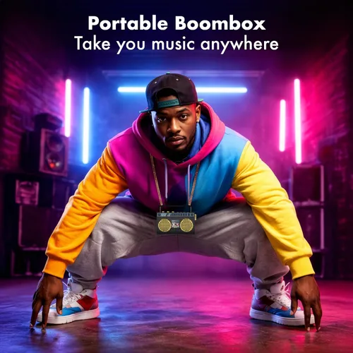 Vista 7 de Altavoz inalámbrico portátil mini Bluetooth de 50 aniversario del Hip Hop, Boombox retro portátil, collar de 27 pulgadas, radio FM, botones a bordo