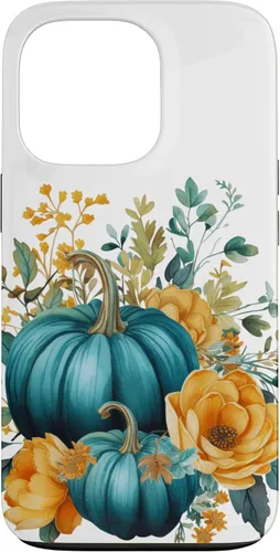 Vista 10 de iPhone 16 Teal Autumn Pumpkin Floral Fall Harvest Foliage Case