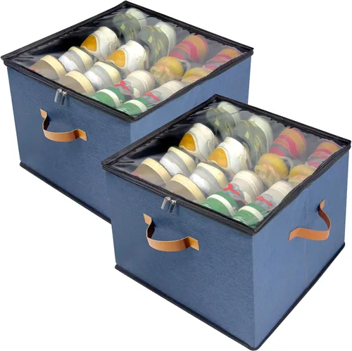 Vista 12 de Caja organizadora de zapatos, paquete de 2, organizador de almacenamiento de zapatos con cubierta transparente, divisores ajustables para 16-32