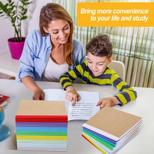 Vista 5 de Paquete de 24 cuadernos de composición a granel, cuadernos de papel kraft A5, diarios rayados a granel con espinas arcoíris, 60 páginas, 30 hojas