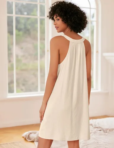 Vista 2 de Ekouaer Camisón para mujer, sin mangas, con espalda cruzada, plisado, cuello en V, vestido de noche