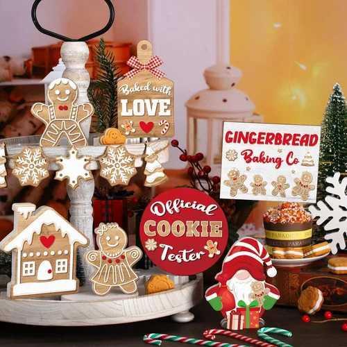 Vista 3 de BBTO 13 piezas de bandeja escalonada de Navidad decoración de Navidad para interiores, letrero de madera para casa de Navidad, pan de jengibre