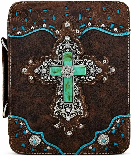Vista 7 de Funda de la Biblia con versículo bordado de estilo occidental para mujer, bolsa de mensajero con correa extra Turquoise Cross, Full-Zip Protection