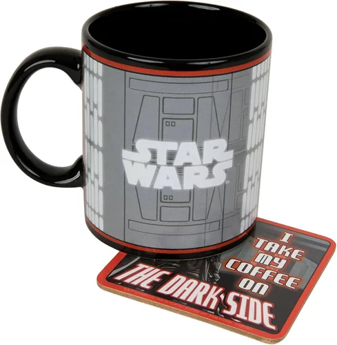 Vista 5 de ICUP Taza de cerámica con posavasos con texto en inglés "I Take My Coffee On The Dark Side