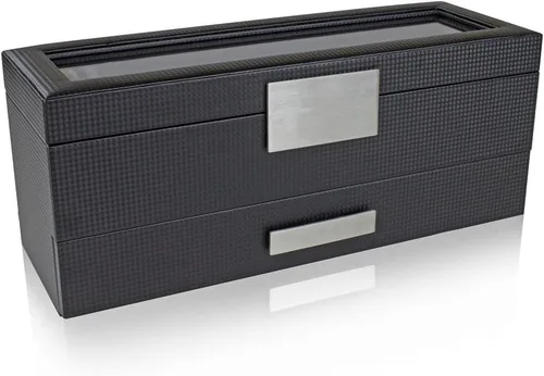 Vista 4 de Caja de reloj con cajón de Valet para hombre - organizador de exhibición de la caja de reloj de lujo de 6 ranuras, diseño de fibra de carbón