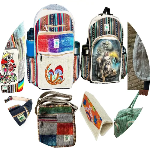 Vista 4 de Mochila hecha a mano de algodón de cáñamo del Himalaya de diseño único de 17 pulgadas grande Hippie, Festival, Senderismo y Tablet Laptop Mochila