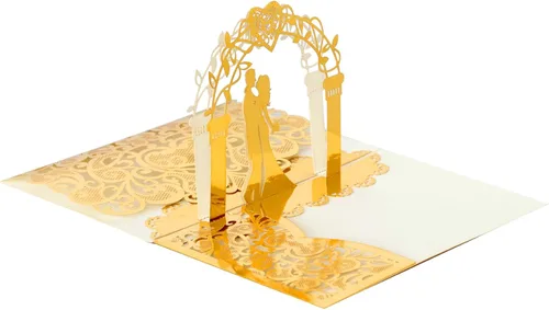 Vista 2 de NC Paquete de 10 invitaciones de boda desplegables en 3D doradas, elegantes tarjetas de aniversario de diseño de novia y novio para celebraciones