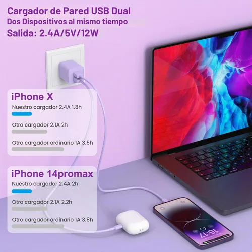 Vista 6 de iGENJUN Paquete de 5 cargadores para iPhone [certificado MFi], adaptador de bloque de cargador de pared USB de doble puerto con cable Lightning de 6