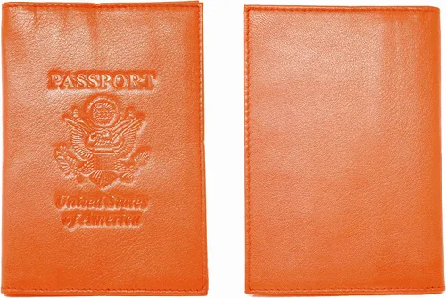 Vista 2 de Funda para pasaporte de piel de vaca genuina y cartera para hombres y mujeres, Naranja (con RFID), Cartera Rfid