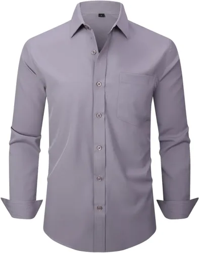 Vista 43 de corfty Camisa de vestir de manga larga para hombre, ajuste regular, elástica, sin arrugas, casual, con botones