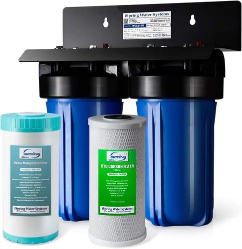 Vista 2 de iSpring WGB21BM Sistema de filtración de agua de 2 etapas para toda la casa, filtros reductores de manganeso de 10 x 4.5 pulgadas, puertos de 1