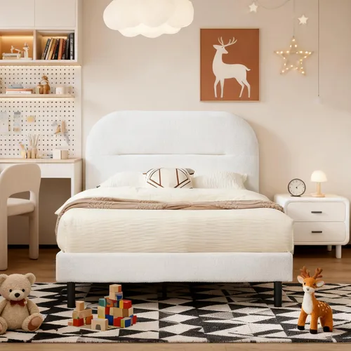 Vista 13 de Furnify Marco de cama tamaño individual, marco de cama tapizado de tela suave con cabecera ajustable, marco de cama de plataforma con esquinas Beige