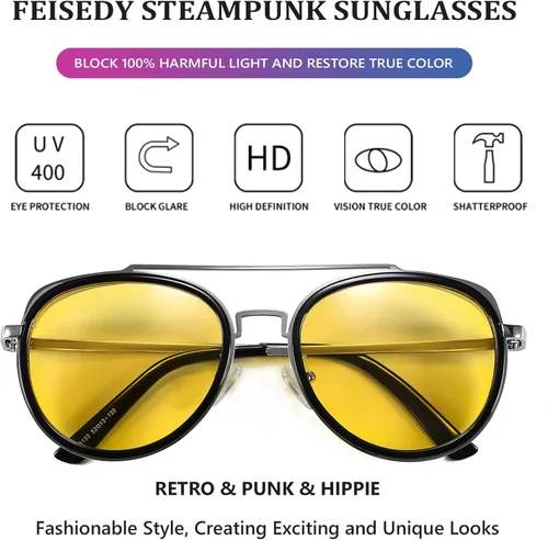 Vista 4 de FEISEDY Gafas de sol retro Steampunk estilo punk con doble puente para mujeres y hombres B2822
