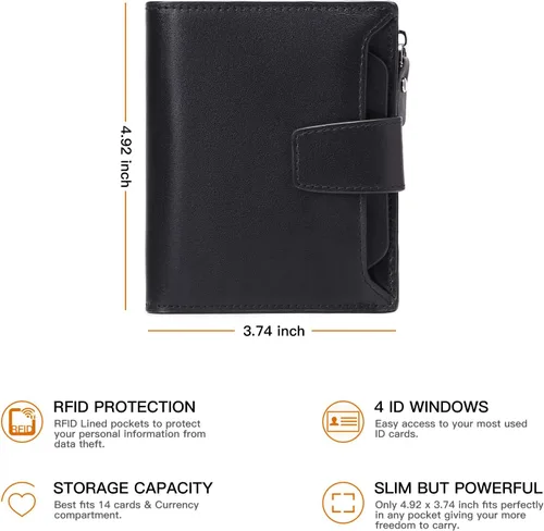 Vista 4 de FALAN MULE Cartera pequeña para mujer, de piel auténtica, plegable, compacta, con bloqueo RFID, pequeña cartera para mujer, Aa-negro., Classic