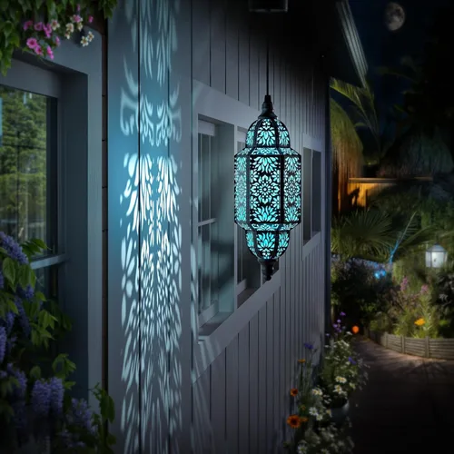 Vista 6 de Twinkya Paquete de 2 luces solares colgantes para jardín, farol solar decorativo para exteriores, impermeables, de metal, marroquí, decoraciones al