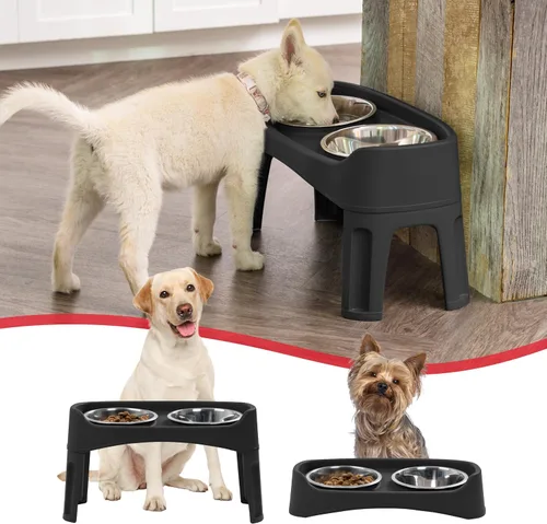 Vista 5 de IRIS USA Cuencos elevados para perros, soporte ajustable, estación de alimentación elevada con 2 cuencos de acero inoxidable de 64 onzas, protector