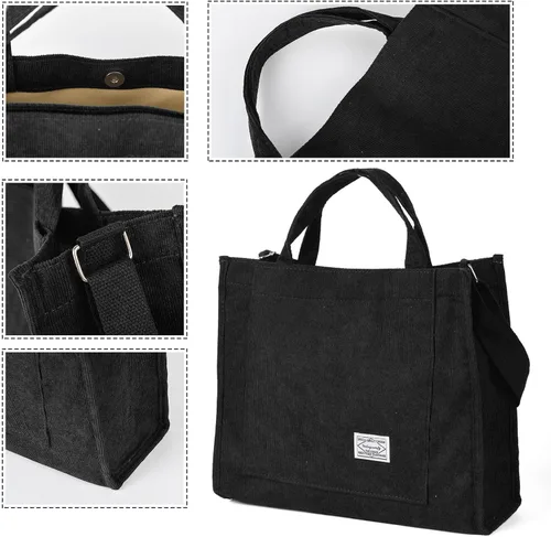 Vista 4 de Maki Izumi Bolsa de mano, bolsa de pana, bolso pequeño para mujer, bolso negro para mujer, bolsa de lona, bolsas de lona con asas.