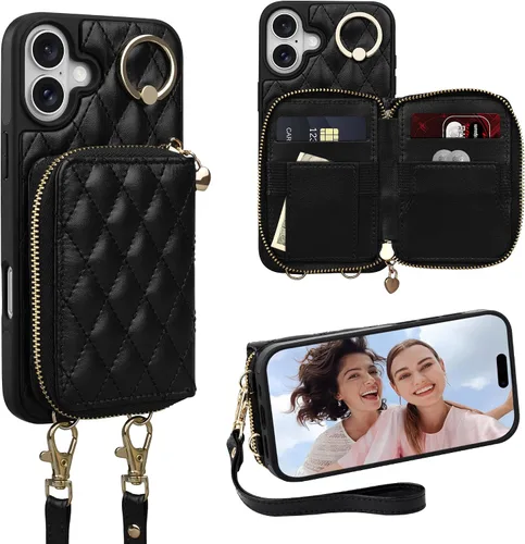 Vista 37 de Funda para iPhone 12 Pro/iPhone 12 de 6.1 pulgadas, cartera cruzada con cremallera para mujer, tarjetero con bloqueo RFID, funda de cuero con Negro
