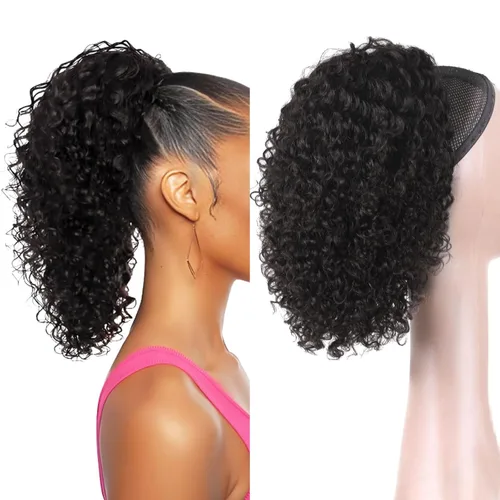 Vista 14 de Extensión de cola de caballo de cabello humano de 12 pulgadas con cordón rizado profundo para mujeres negras, extensión rizada 3C, color negro