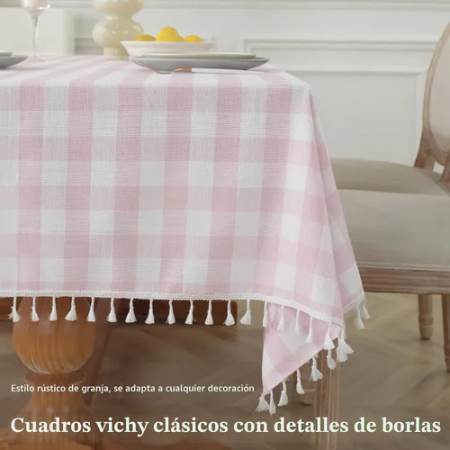 Vista 4 de Alsoo Mantel cuadrado de cuadros rosa de 55 x 55 pulgadas, mantel lavable a cuadros, tela de lino y algodón resistente para verano, al aire libre