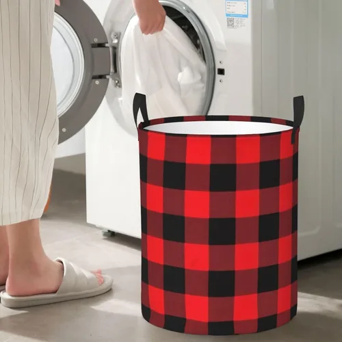 Vista 7 de Cesta circular con estampado de cuadros de búfalo impermeable, cesta organizadora de lavandería, con asas, para ropa, juguetes, pequeña