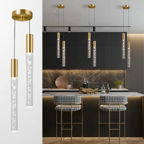 Vista 14 de Moderna lámpara colgante dorada, 1 luz LED colgante de 3 colores, cable acrílico, luces colgantes de techo ajustables para cocina, isla, sala