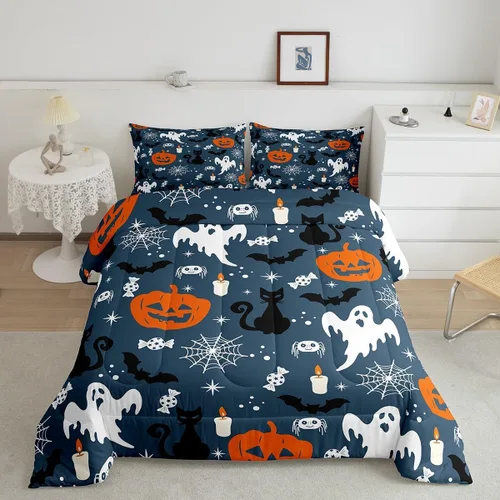 Vista 44 de Feelyou Juego de edredón de Halloween, color rosa fantasma, juego de ropa de cama tamaño individual, decoración para niños y niñas, lindo juego