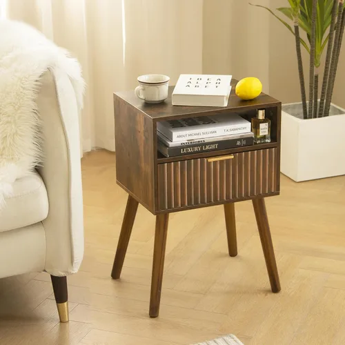 Vista 2 de Fultyle Mesita de noche pequeña, mesita de noche de madera con cajón acanalado y estante Marrón rústico