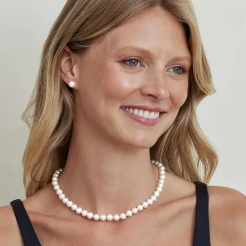 Vista 2 de The Pearl Source 14K Gold 6.5-7mm AAAA Quality Round White Freshwater Cultured Pearl Necklace & Earrings Set in 18" Princess Length for Women Pearl