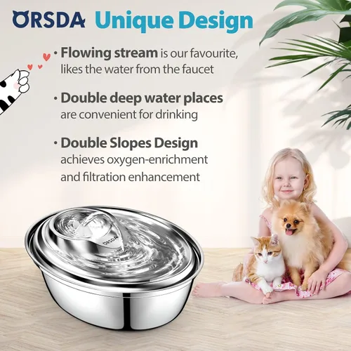 Vista 2 de ORSDA - Fuente de agua de acero inoxidable para gatos, fuente para mascotas de 2 litros para gatos en interiores, dispensador de agua para perros
