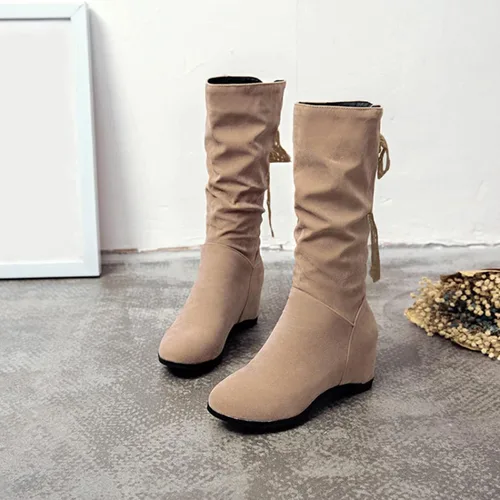 Vista 3 de Botas de media pantorrilla para mujer con tacón de cuña con cremallera, estilo clásico, de cuero redondo, cómodas botas vaqueras occidentales