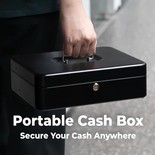 Vista 5 de Volcora Caja Grande de Dinero con Cerradura de Llave, Caja de Dinero de Metal para Efectivo, Caja de Seguridad con Cerradura Portátil y Bandeja