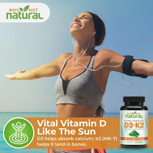 Vista 3 de Why Not Natural Vitamina D3 K2 (MK-7) con espirulina orgánica, suplemento extra fuerte de 10000 UI en cápsulas vegetales, apoya la salud ósea