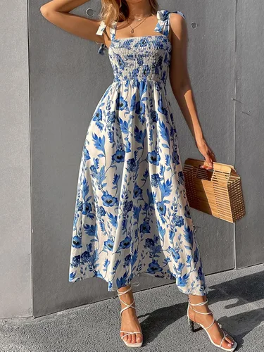 Vista 6 de Floerns Vestido de mujer con estampado floral, tirantes, cuello cuadrado, con volantes, estilo bohemio, largo
