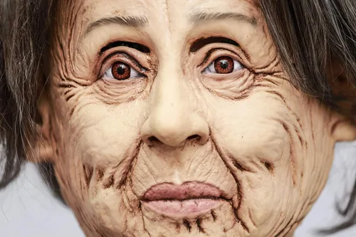 Vista 3 de CreepyParty - Máscara de látex para cabeza humana de Halloween, disfraz de mujer mayor